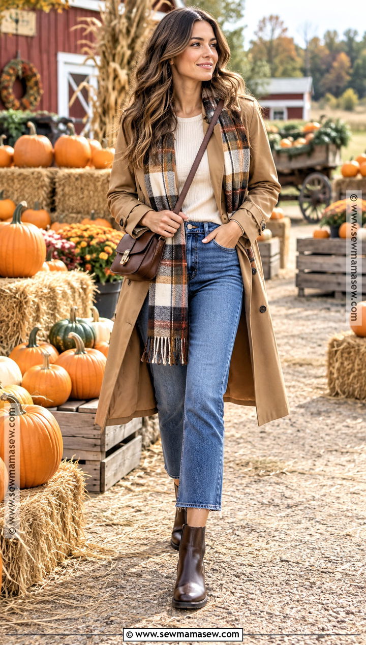 Pumpkin Picking Outfit With A Trench Coat - 25 Pumpkin Picking Outfit Fall Ideas