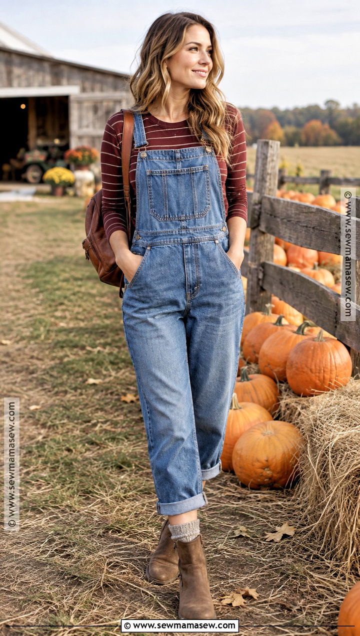 Pumpkin Picking Outfit With Denim Overalls - 25 Pumpkin Picking Outfit Fall Ideas