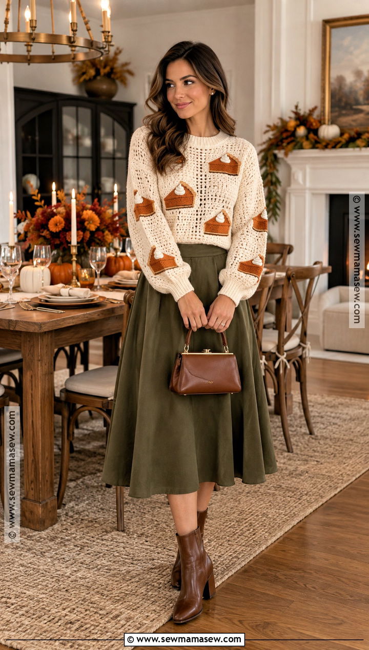Pumpkin Pie Crochet Sweater With A Line Midi Skirt - 15 Crochet Thanksgiving Sweater Ideas