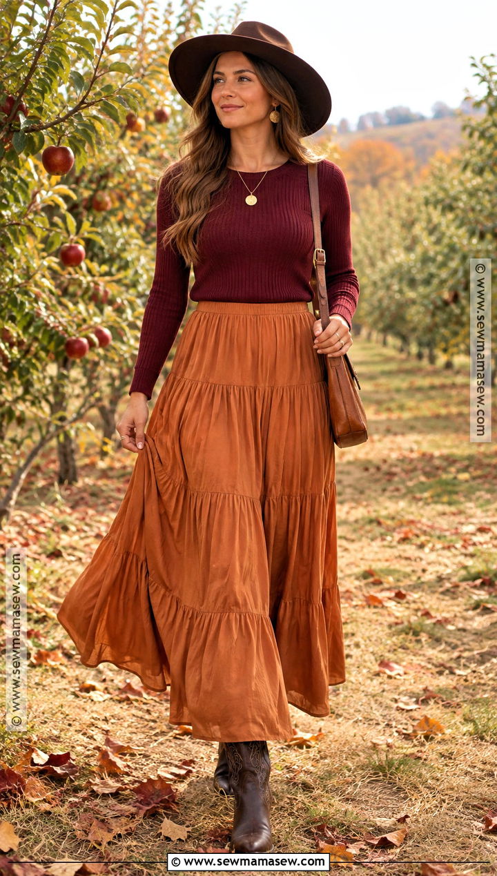 Pumpkin Pie Maxi Skirt With Burgundy Sweater - 15 pumpkin pie skirt ideas