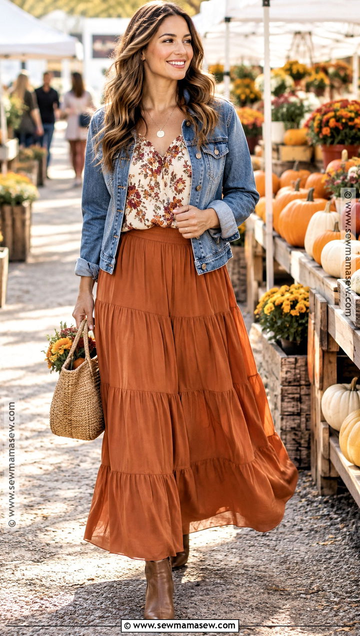 Pumpkin Pie Maxi Skirt With Floral Blouse - 15 pumpkin pie skirt ideas