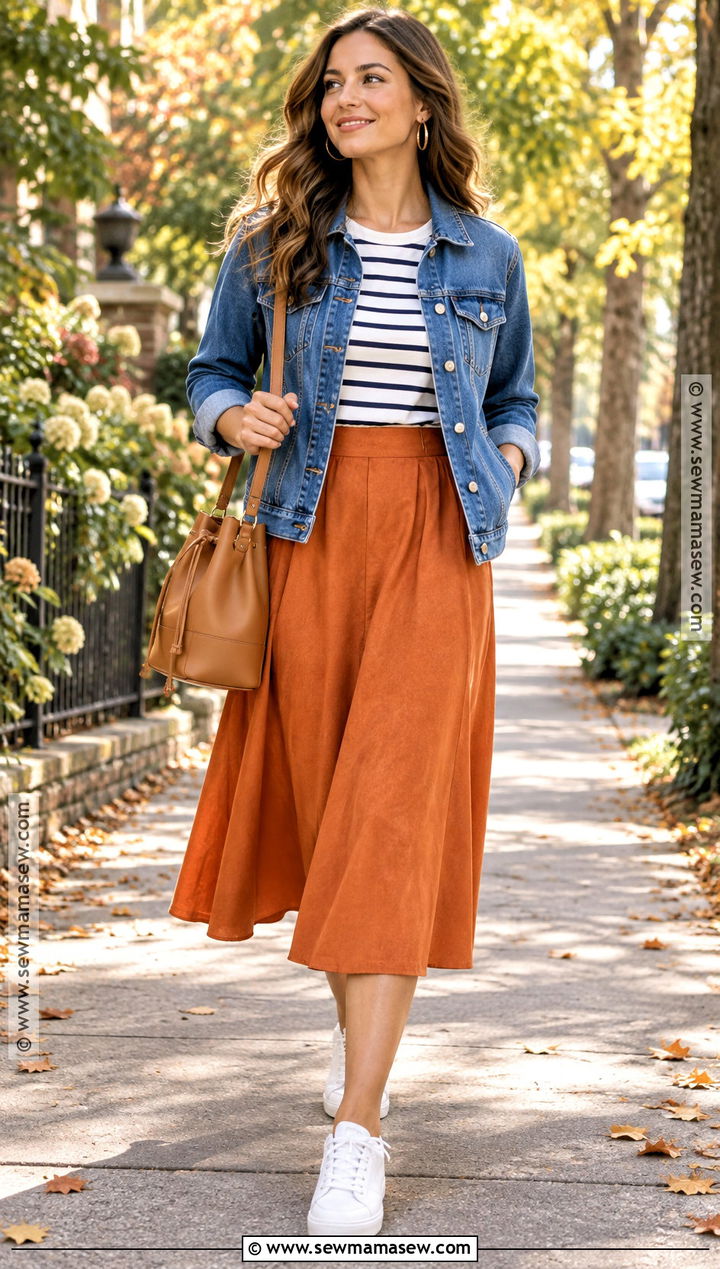 Pumpkin Pie Midi Skirt With Striped Tee - 15 pumpkin pie skirt ideas