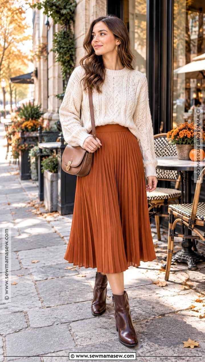 Pumpkin Pie Pleated Skirt With Cream Sweater - 15 pumpkin pie skirt ideas