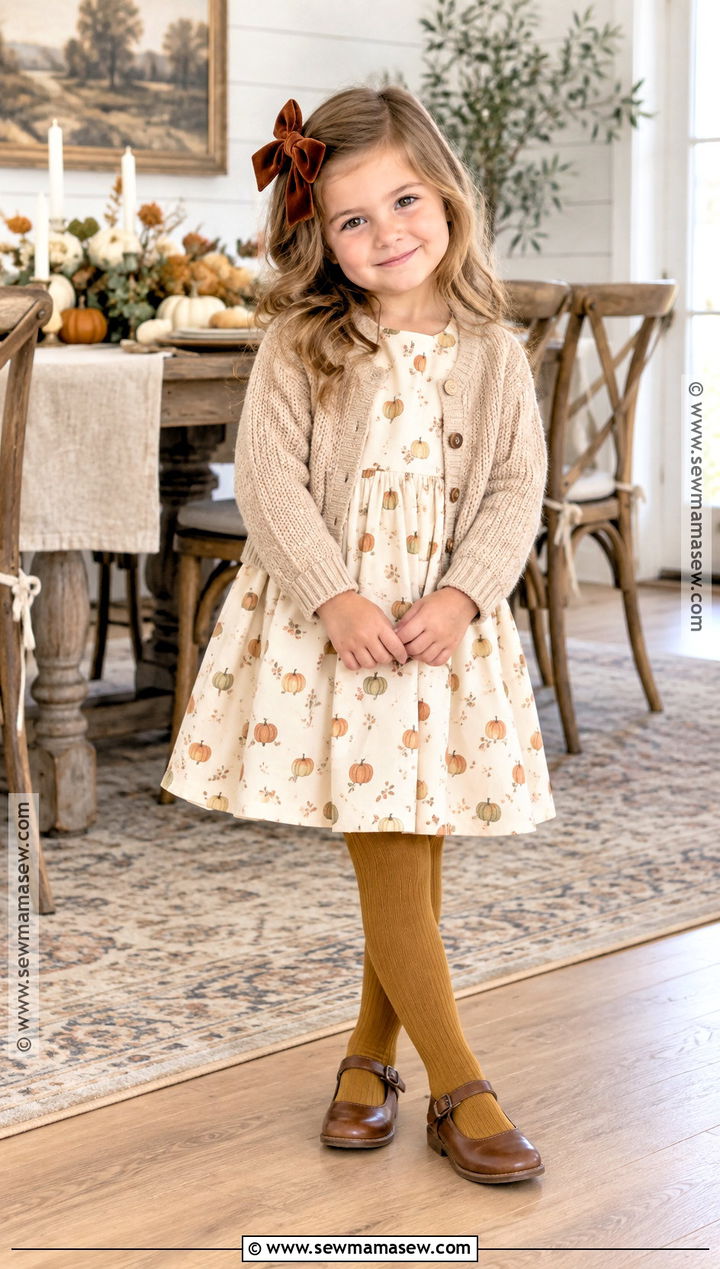 Pumpkin Print Dress With Tights And Mary Janes - 20 kids thanksgiving outfits