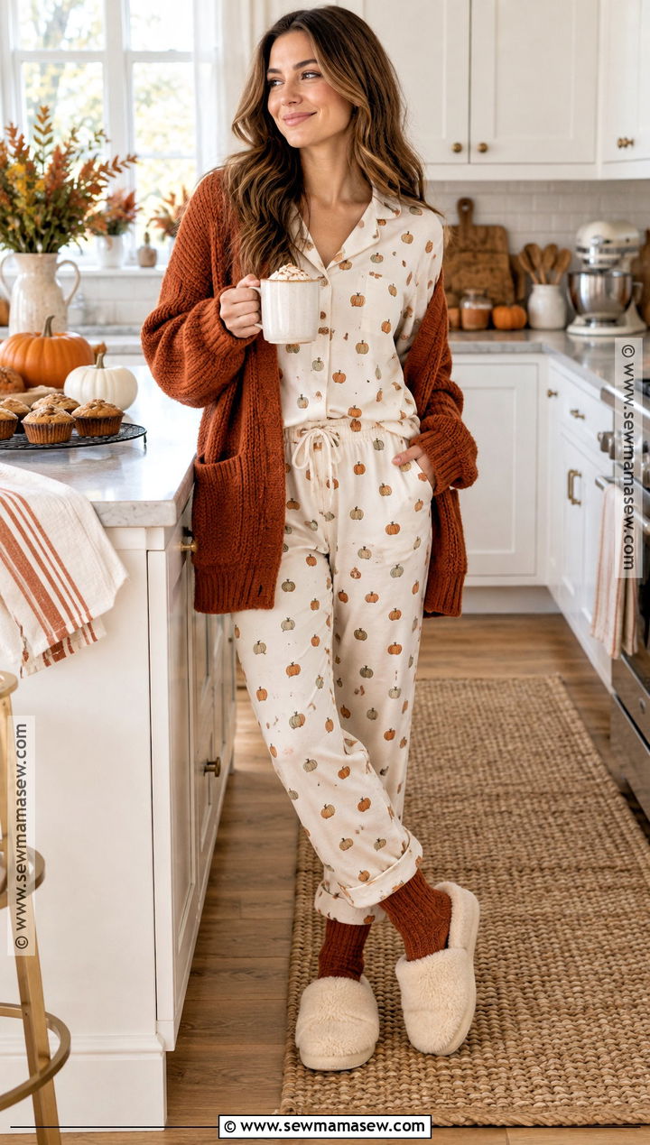 Pumpkin Print Fall Pajama Set - 20 Fall Pjs Aesthetic Ideas