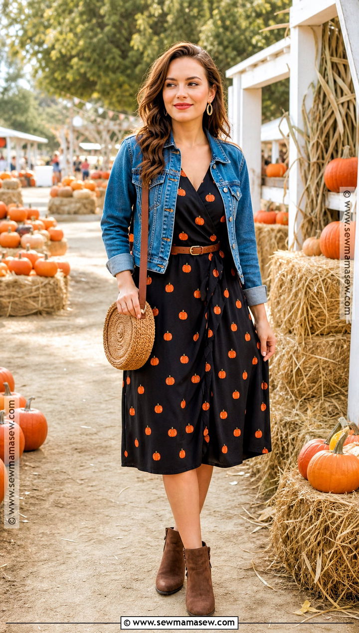 Pumpkin Print Midi Dress Outfit - 30 Spooky Season Outfits