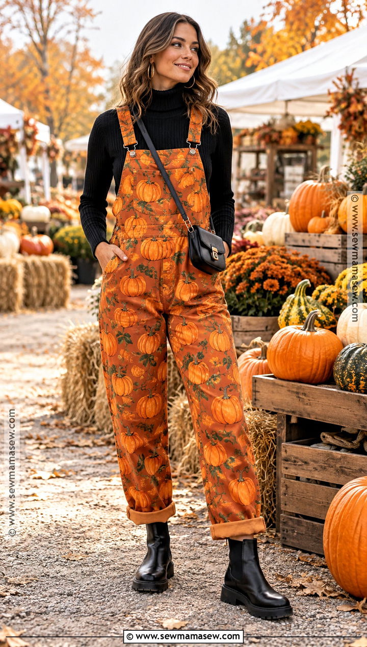 Pumpkin Print Overalls With Black Turtleneck - 15 Pumpkin Overalls