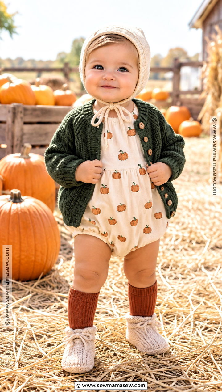 Pumpkin Romper And Cardigan Fall Baby Outfit - 15 Cozy Fall Baby Outfits