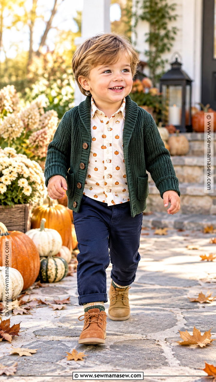 Pumpkin Shirt And Cardigan Thanksgiving Outfit - 20 toddler boy thanksgiving outfit ideas