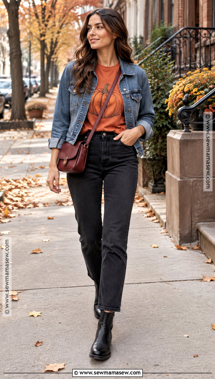 Pumpkin Shirt With Denim Jacket And Black Jeans - 20 pumpkin shirt ideas