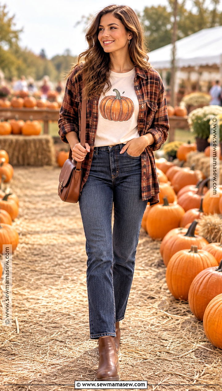Pumpkin Shirt With Plaid Shacket And Jeans - 20 pumpkin shirt ideas