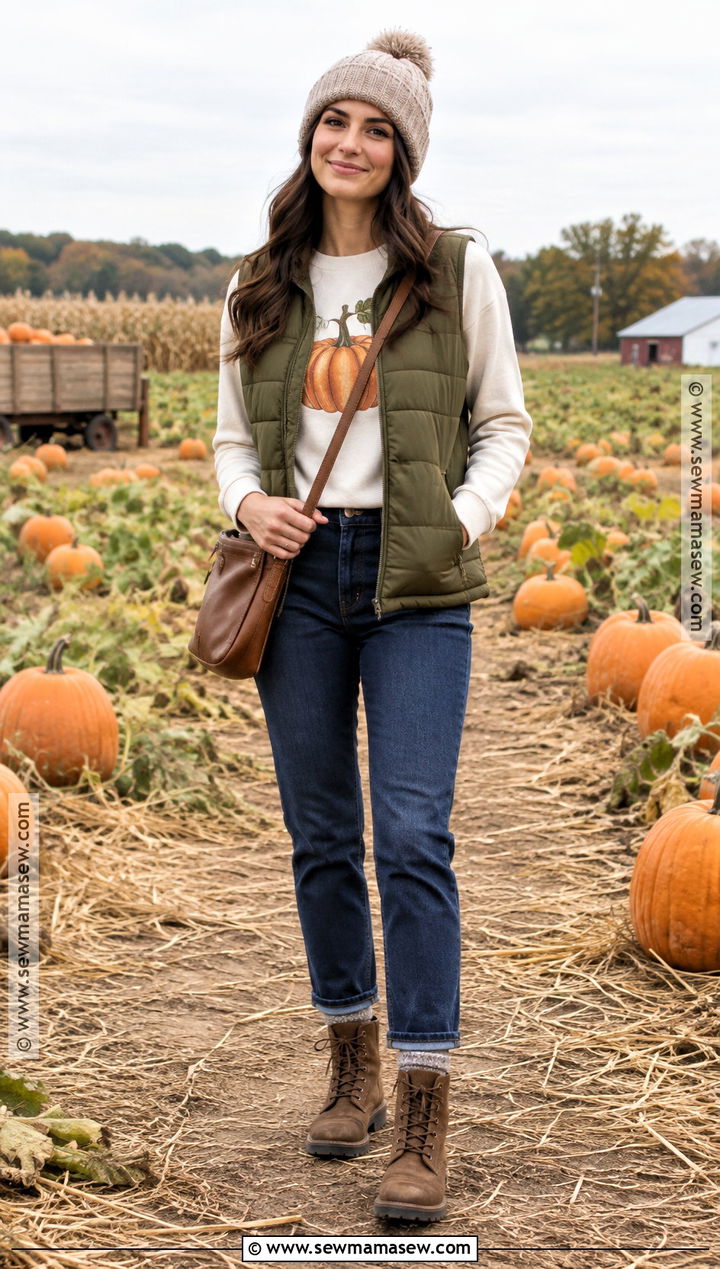 Pumpkin Shirt With Puffer Vest And Hiking Boots - 20 pumpkin shirt ideas