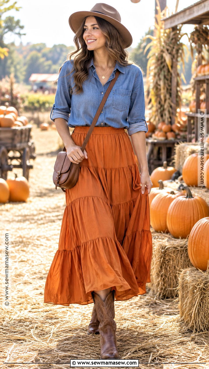 Pumpkin Skirt With Chambray Shirt And Western Boots - 20 pumpkin skirt outfit ideas