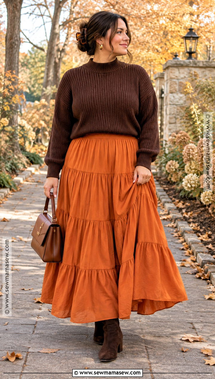 Pumpkin Skirt With Chocolate Sweater And Suede Boots - 20 pumpkin skirt outfit ideas
