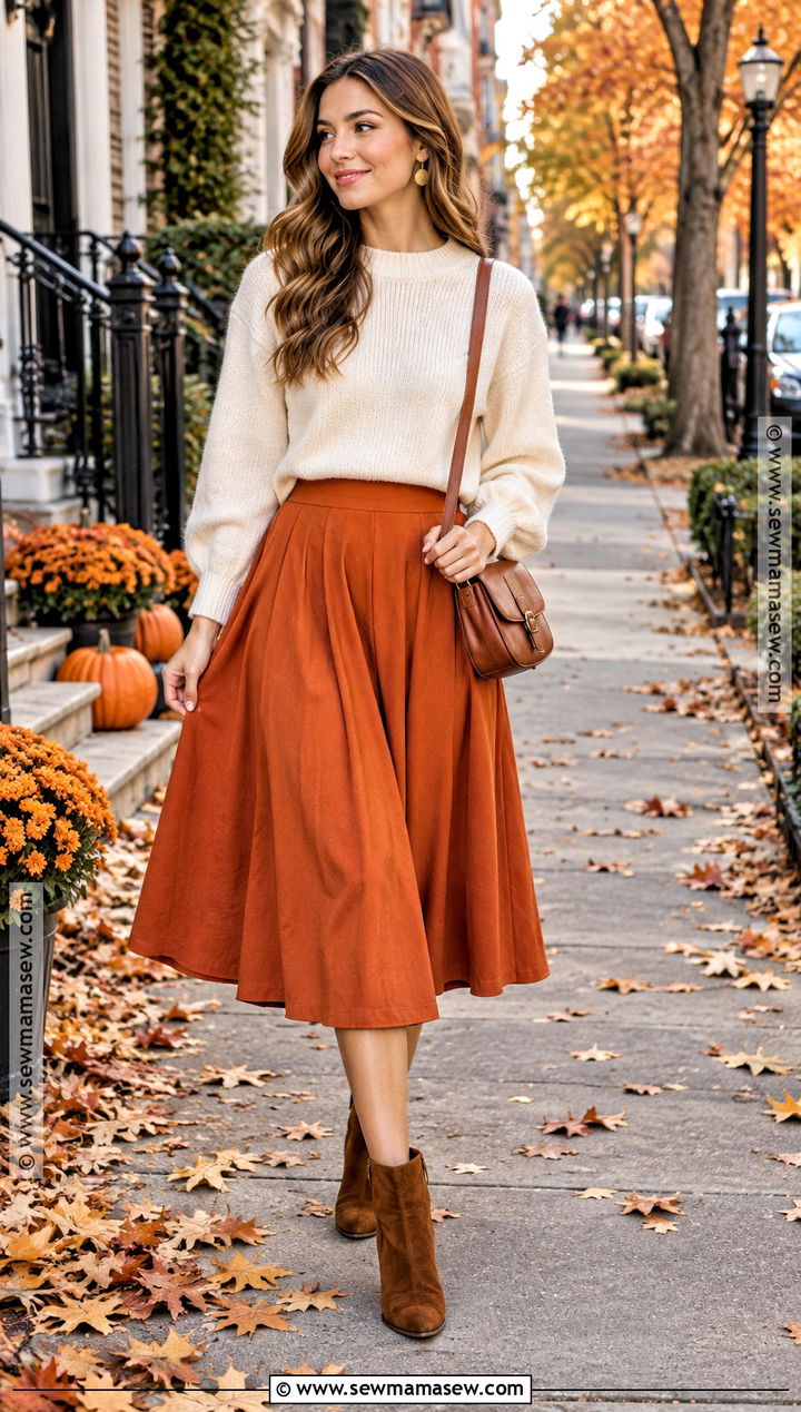 Pumpkin Skirt With Cream Sweater And Ankle Boots - 20 pumpkin skirt outfit ideas