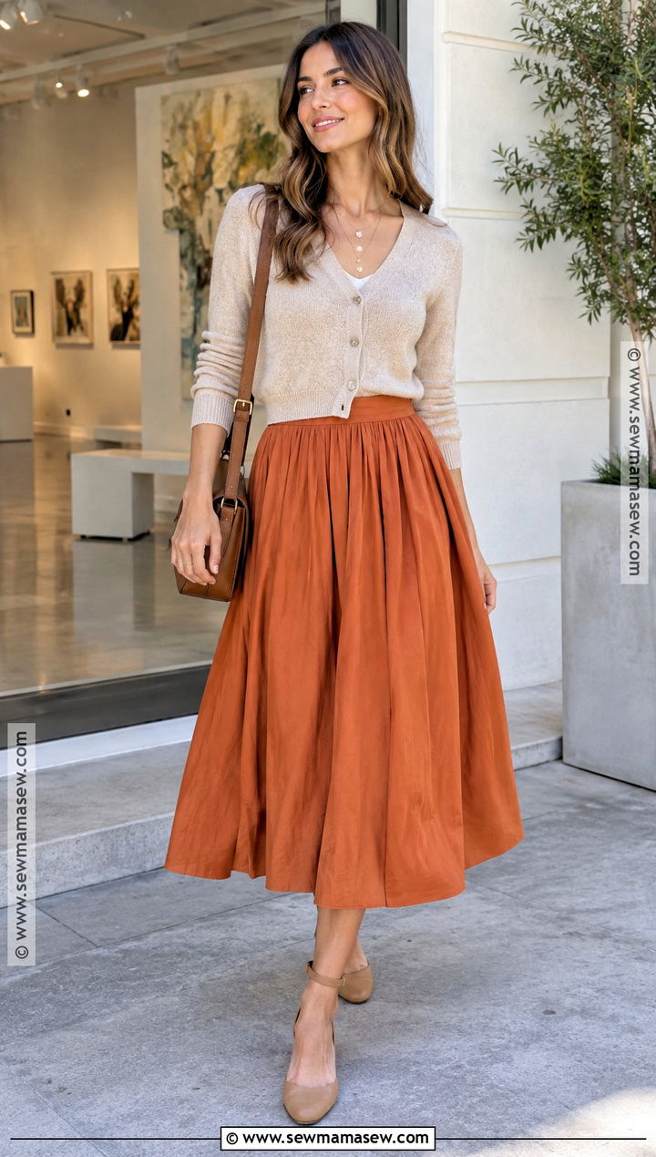 Pumpkin Skirt With Cropped Cardigan And Ankle Strap Flats - 20 pumpkin skirt outfit ideas