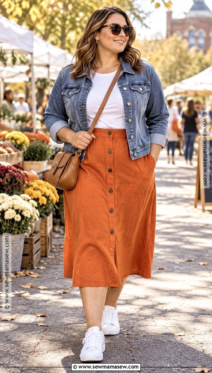 Pumpkin Skirt With Denim Jacket And White Sneakers - 20 pumpkin skirt outfit ideas
