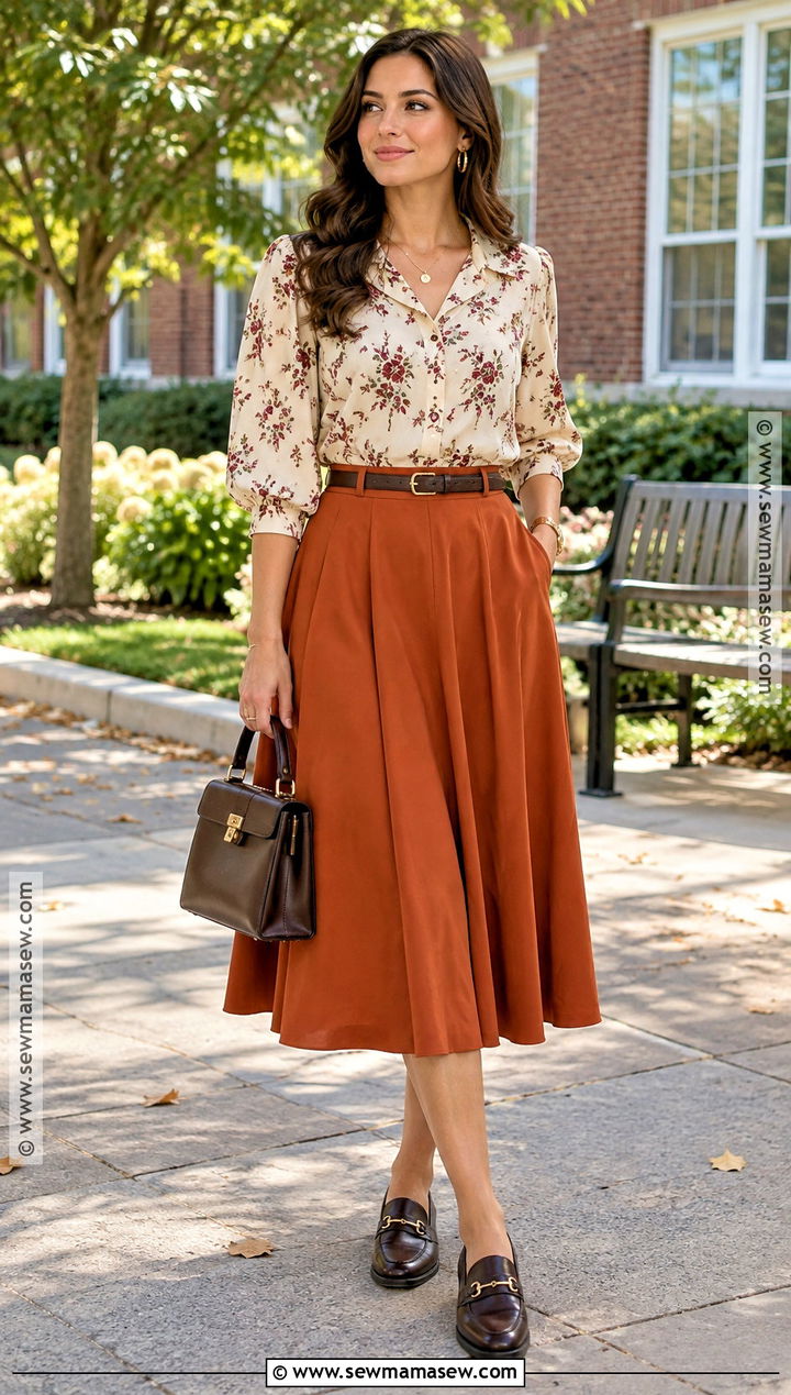 Pumpkin Skirt With Floral Blouse And Brown Loafers - 20 pumpkin skirt outfit ideas