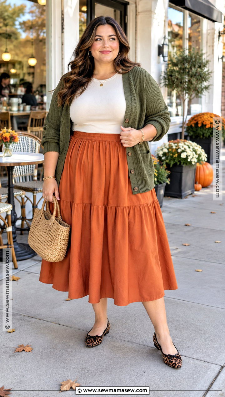 Pumpkin Skirt With Olive Cardigan And Ballet Flats - 20 pumpkin skirt outfit ideas