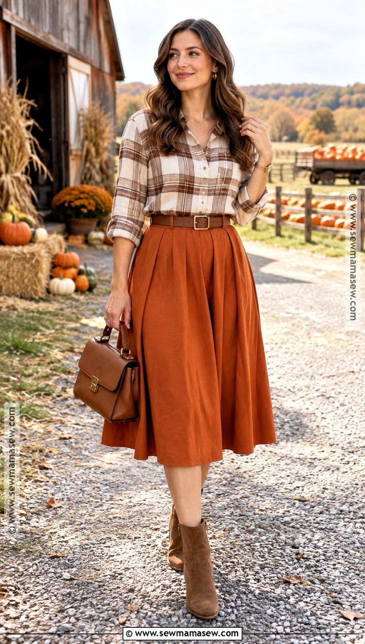 Pumpkin Skirt With Plaid Shirt And Brown Boots - 20 pumpkin skirt outfit ideas