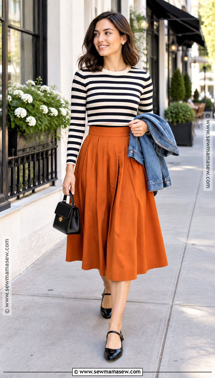 Pumpkin Skirt With Striped Top And Mary Jane Flats - 20 pumpkin skirt outfit ideas