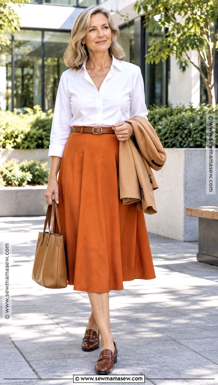 Pumpkin Skirt With White Blouse And Loafers - 20 pumpkin skirt outfit ideas