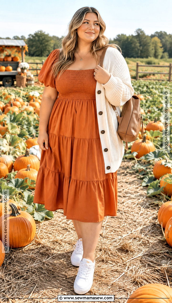 Pumpkin Smocked Dress With White Sneakers - 15 pumpkin dress ideas for women