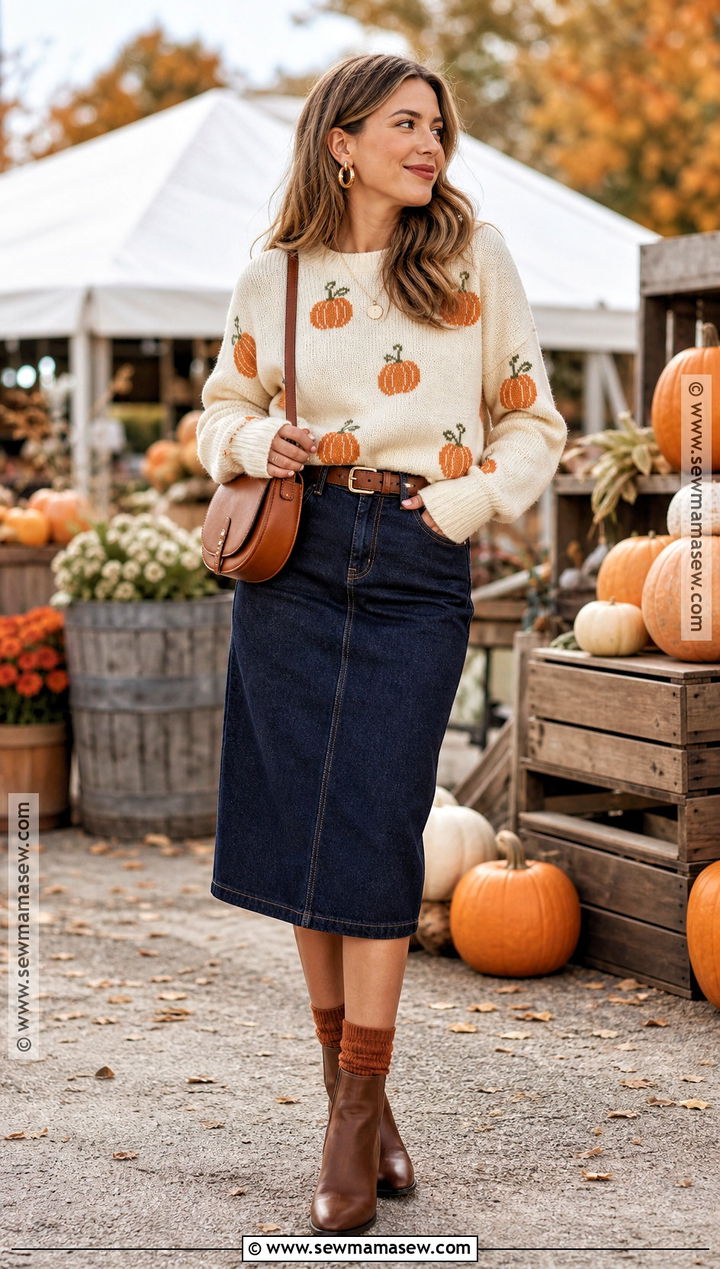 Pumpkin Sweater And Denim Skirt Outfit - 35 casual halloween outfits