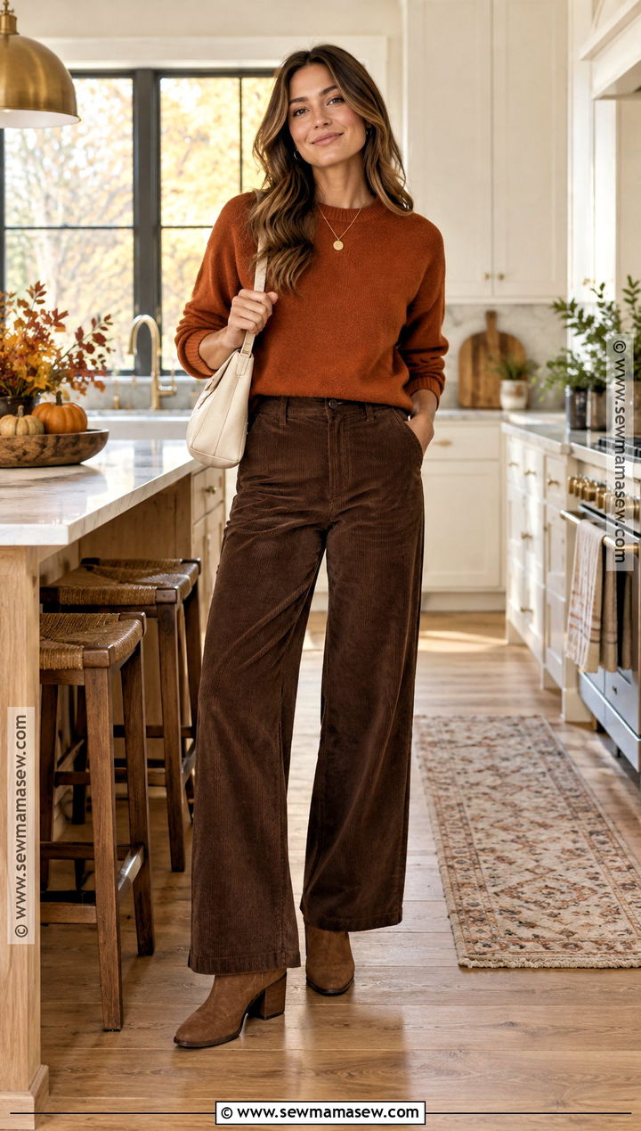 Pumpkin Sweater With Corduroy Pants - 20 thanksgiving outfit sweater ideas