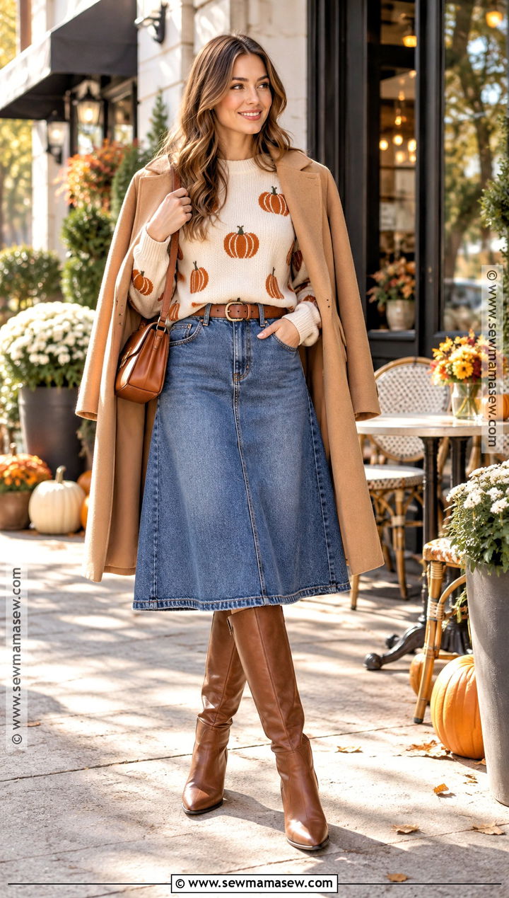 Pumpkin Sweater With Denim Skirt - 20 Pumpkin Sweater Ideas