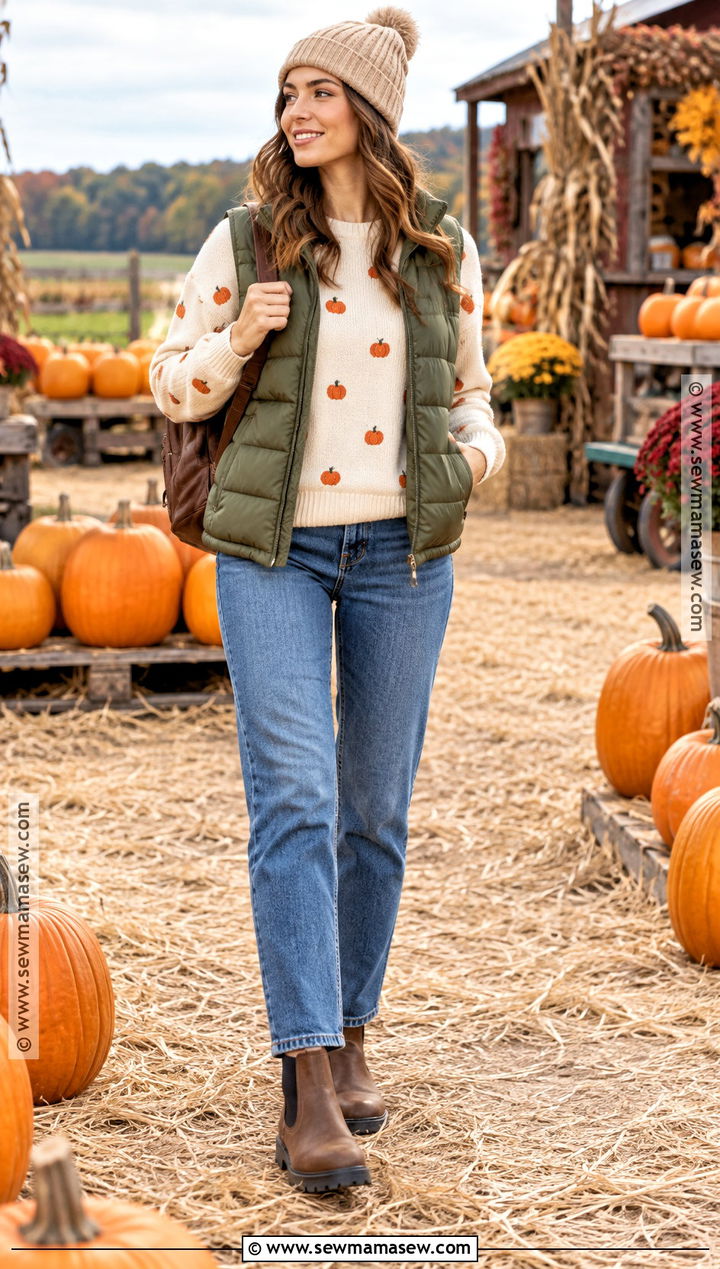 Pumpkin Sweater With Puffer Vest And Jeans - 20 Pumpkin Sweater Ideas
