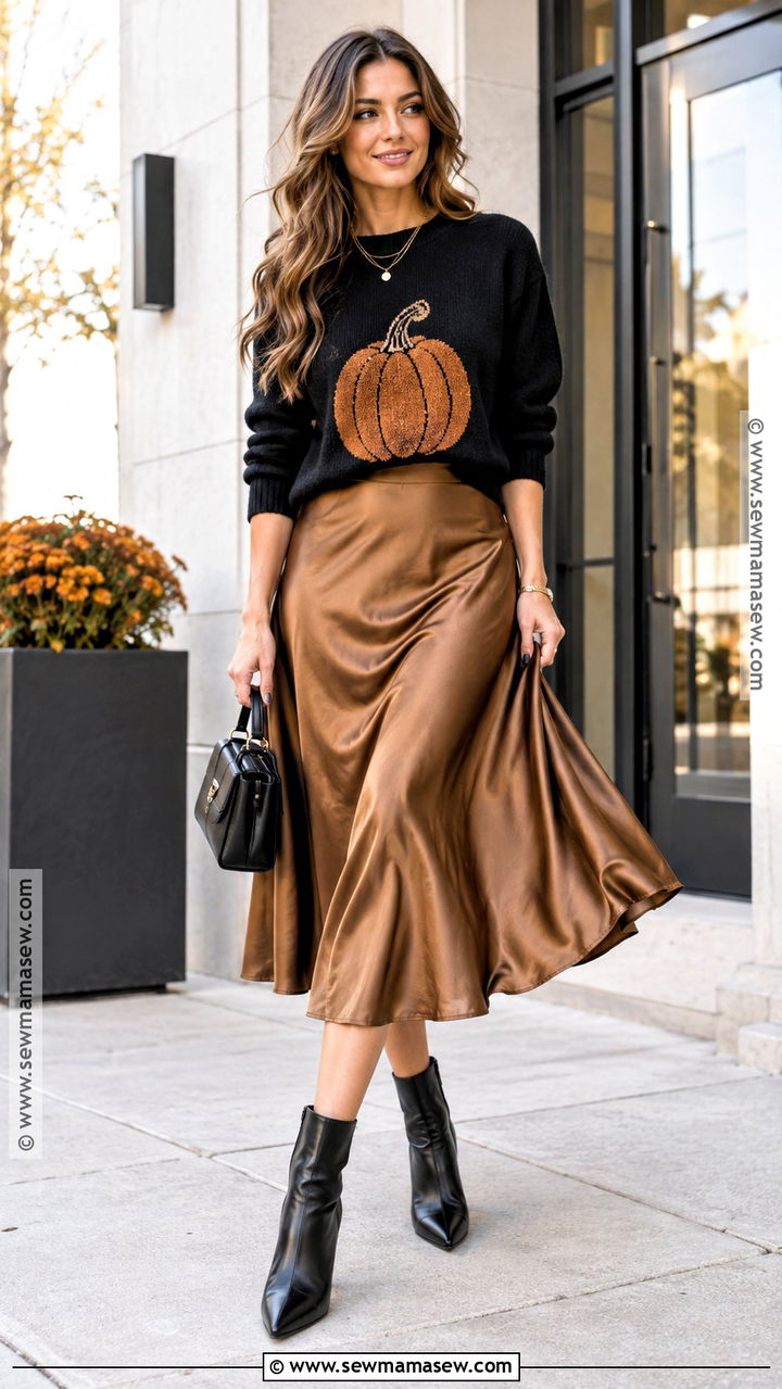Pumpkin Sweater With Satin Midi Skirt - 20 Pumpkin Sweater Outfits