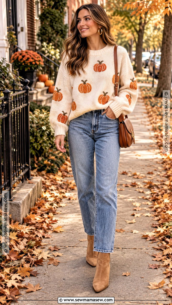 Pumpkin Sweater With Straight Leg Jeans - 20 Pumpkin Sweater Outfits