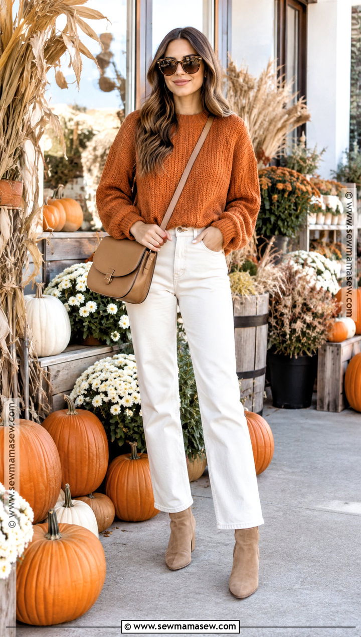 Pumpkin Sweater With White Jeans - 20 Pumpkin Sweater Outfits