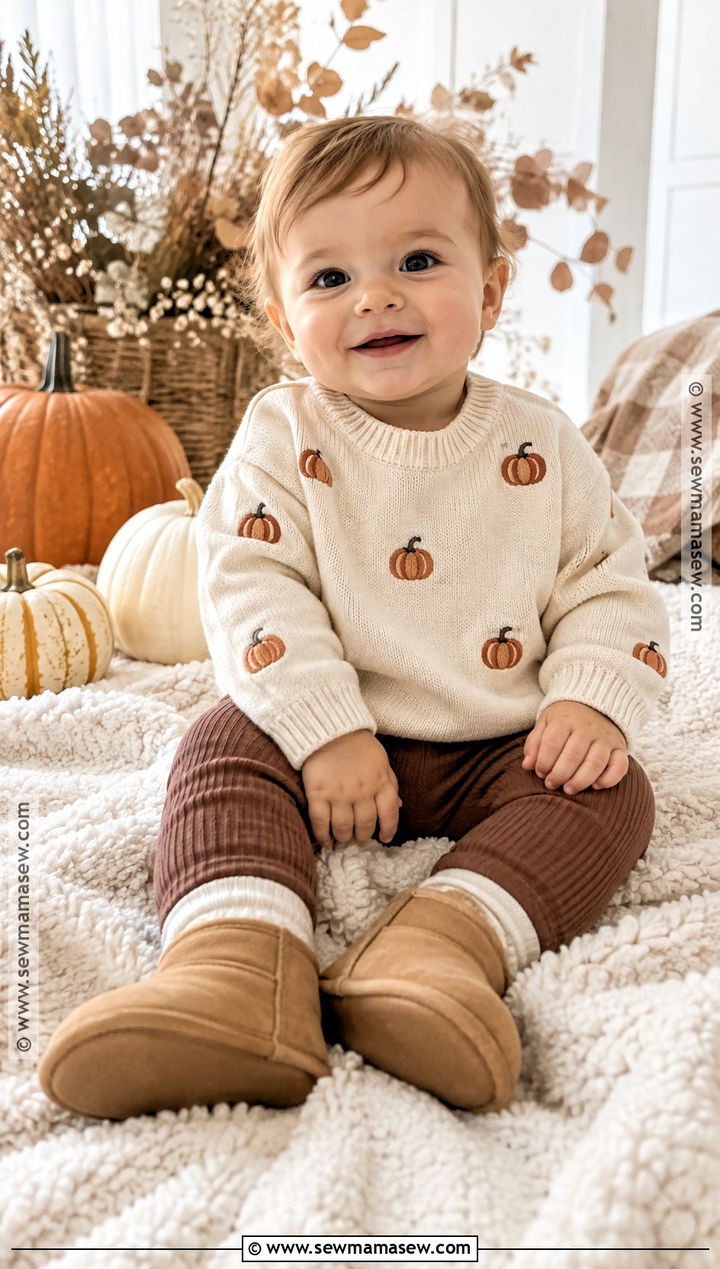 Pumpkin Sweater and Brown Leggings - 15 thanksgiving outfit ideas for baby boys