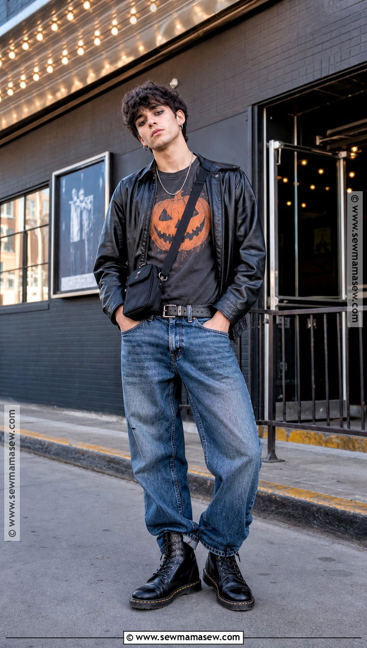 Pumpkin Tee Halloween Outfit With Black Leather Jacket - 30 Halloween Casual Outfits