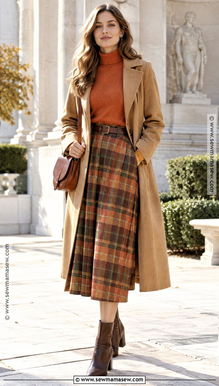 Pumpkin Turtleneck And Plaid Midi Skirt True Autumn Outfit - 20 true autumn color palette fashion ideas