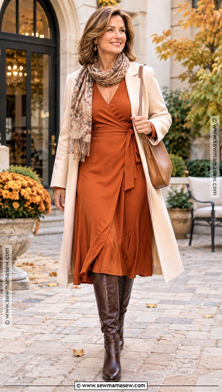 Pumpkin Wrap Dress With Tall Boots - 15 pumpkin dress ideas for women