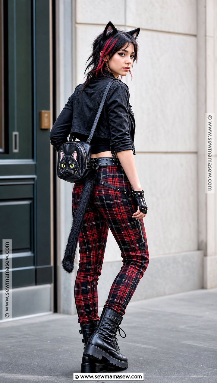 Punk Black Cat Costume With Plaid Pants - 30 Black Cat Costume Ideas for Women