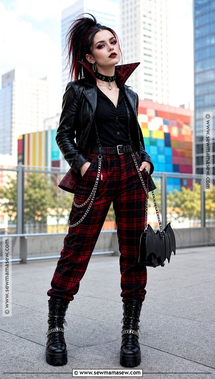 Punk Dracula Costume With Plaid Trousers - 30 Dracula Costume Ideas for Women