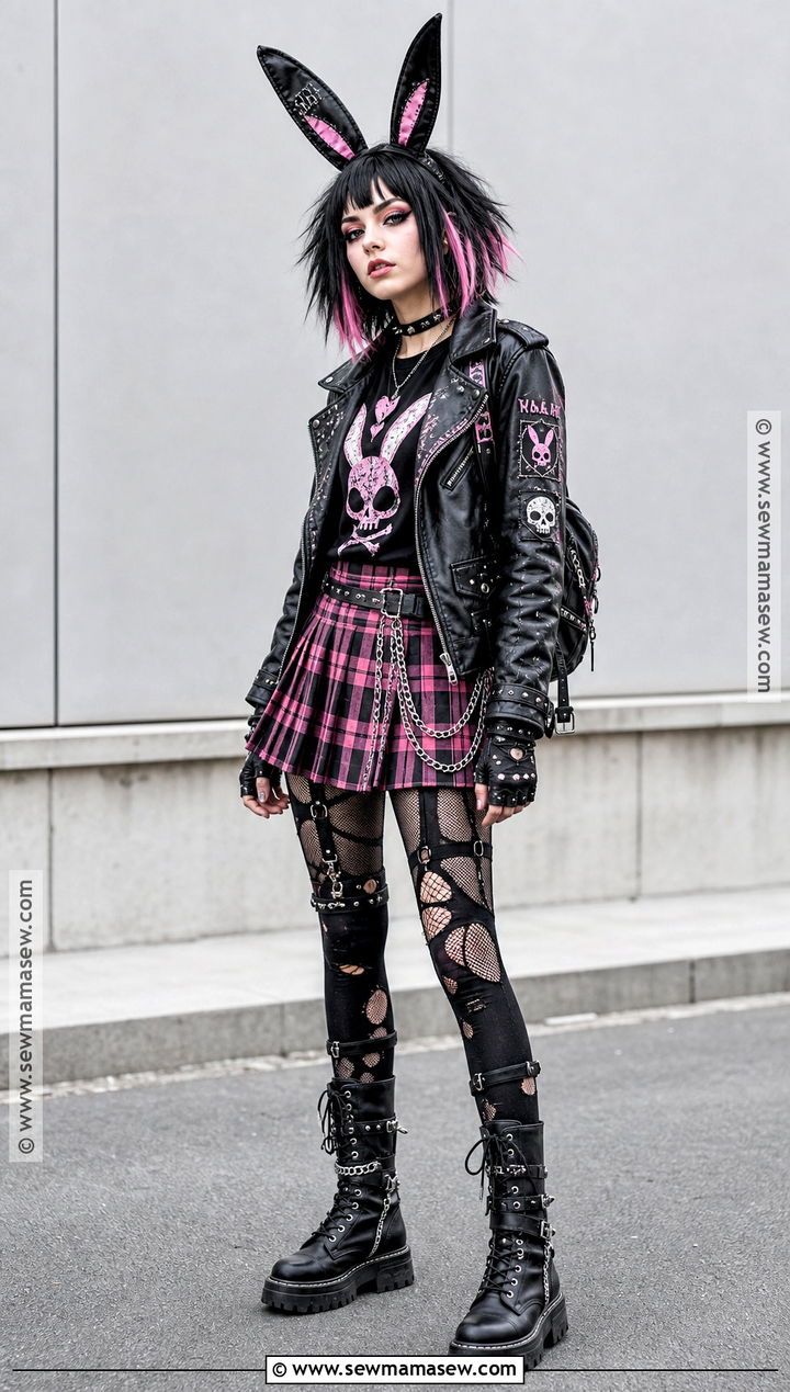 Punk Kuromi Costume With Plaid Skirt - 40 kuromi costume ideas