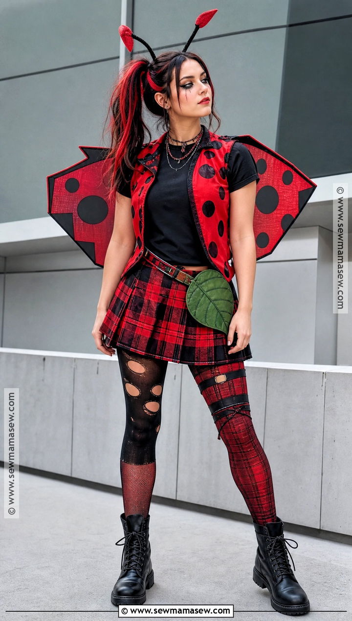 Punk Ladybird Costume With Plaid Skirt - 30 ladybird costume ideas