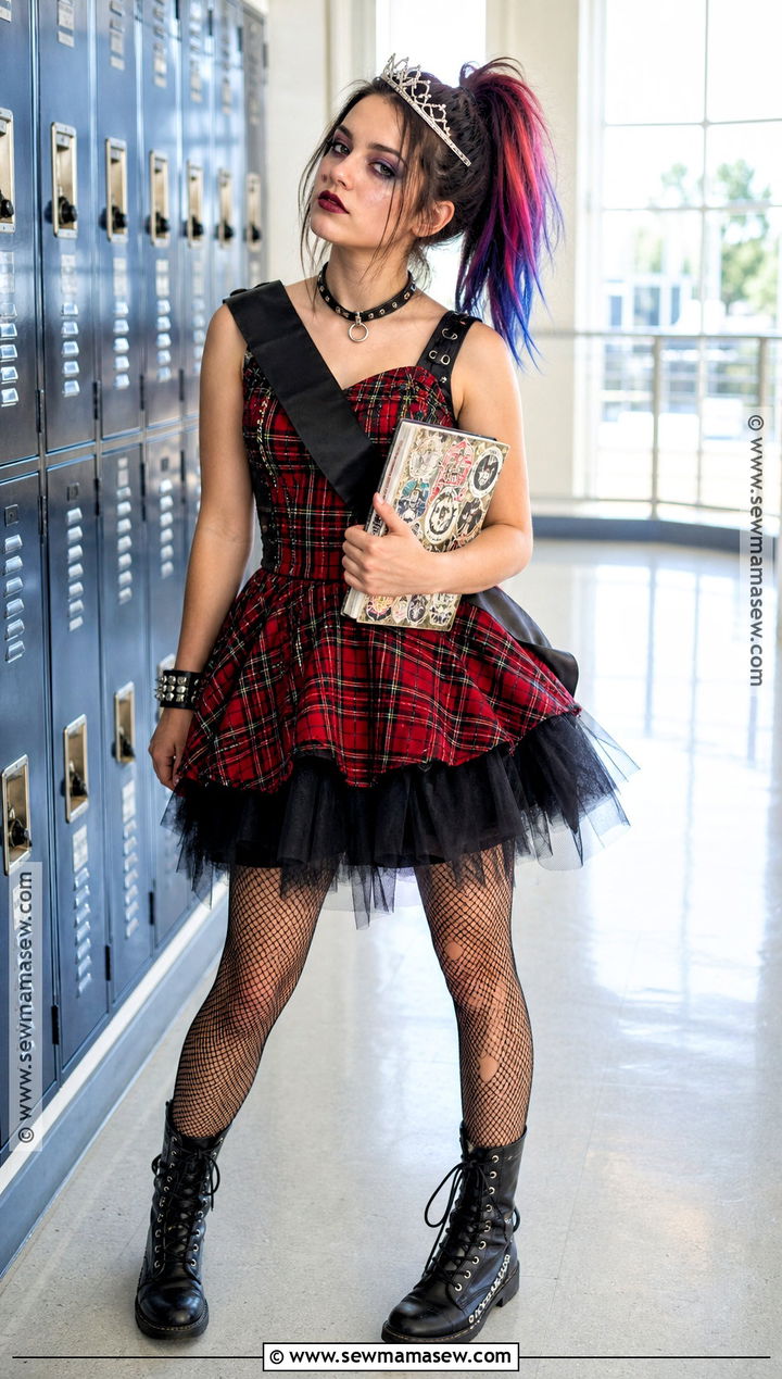 Punk Prom Queen Costume With Plaid Dress - 35 prom queen halloween costume ideas