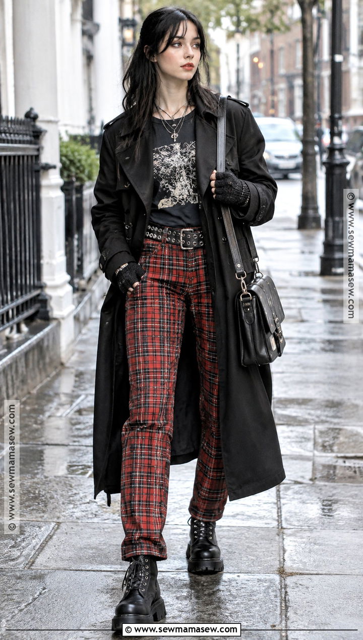 Punk Trench Coat And Plaid Pants Outfit - 25 alt fall outfits
