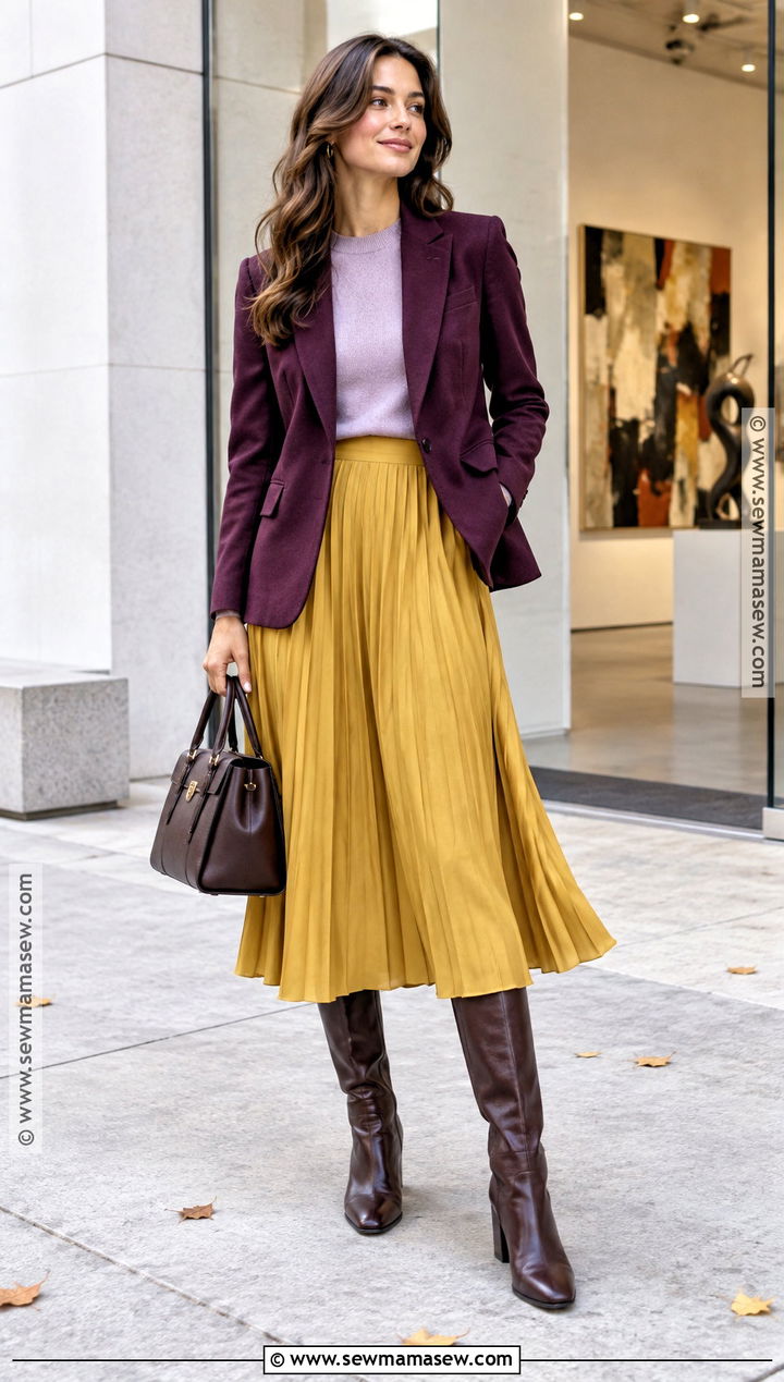 Purple Blazer and Yellow Skirt Autumn Outfit - 25 colourful autumn outfits