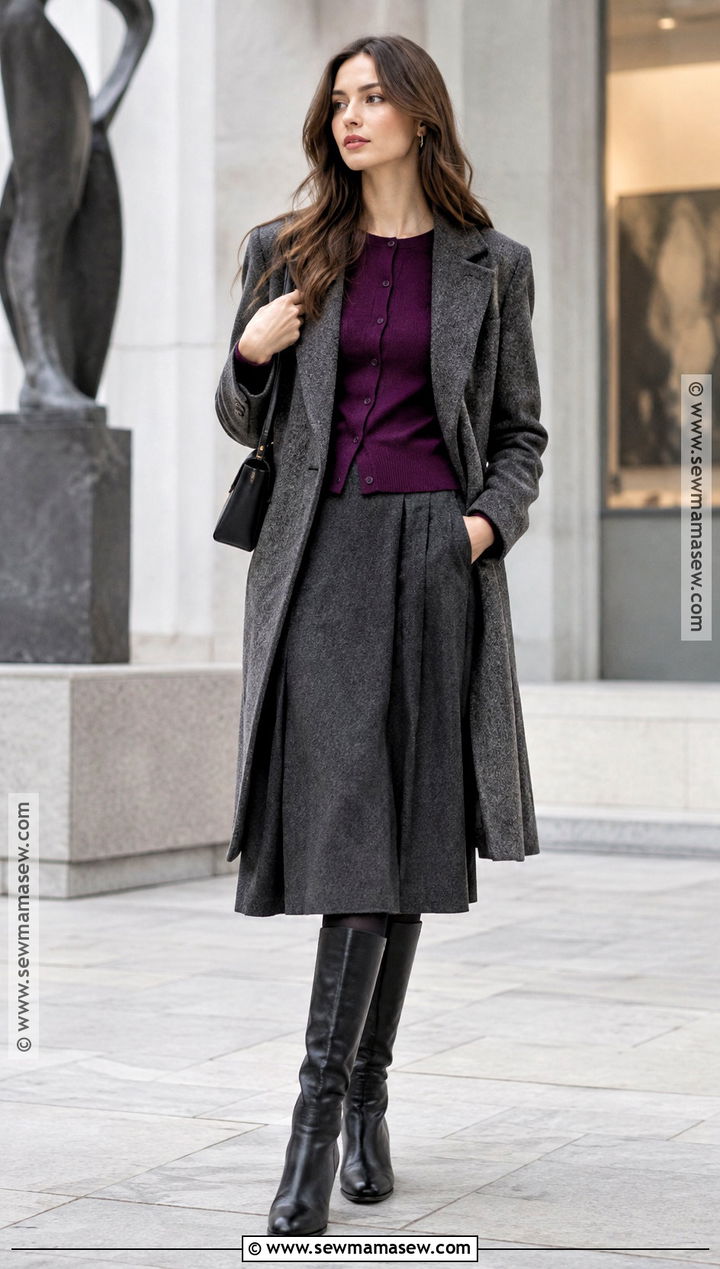 Purple Cardigan And Charcoal Midi Skirt Euro Fall Outfit - 25 euro fall outfits