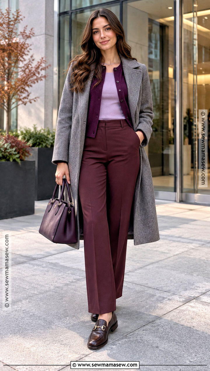 Purple Cardigan and Burgundy Pants Fall Street Style Outfit - 15 Colorful Fall Street Style Ideas