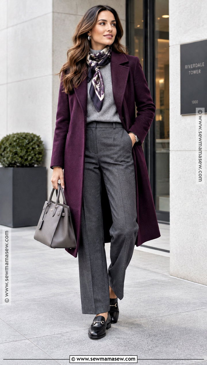 Purple Coat And Gray Trousers Fall Outfit - 20 punchy fall outfits