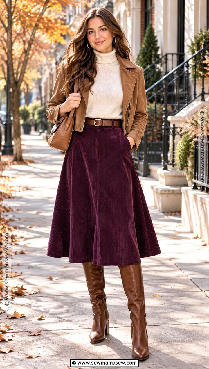 Purple Corduroy Skirt With Turtleneck - 15 autumn purple outfit ideas