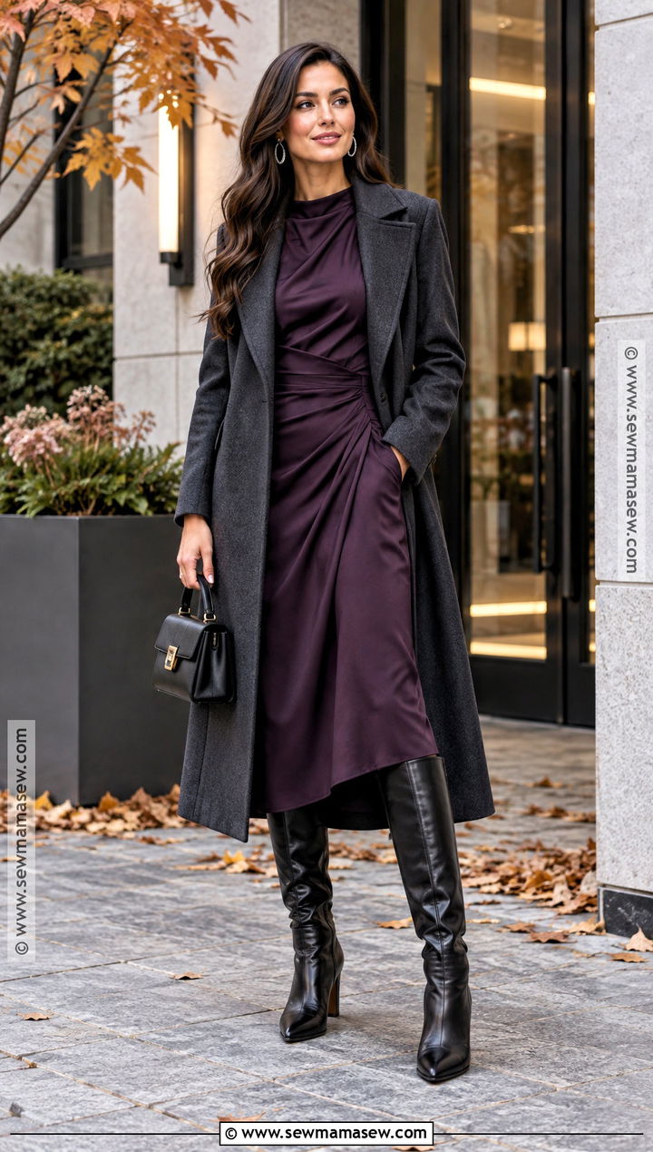 Purple Draped Autumn Dress With Tall Boots - 25 autumn dress ideas